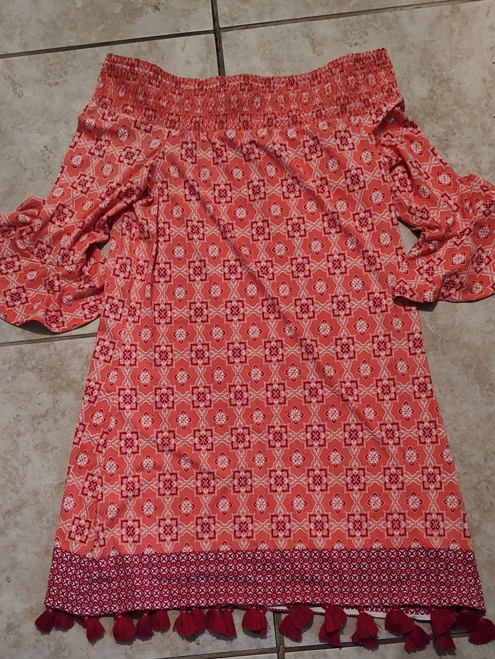 Cabana Life Coral Off Shoulder Geometric Tassel Dress Cabana Life UPF 50+ size L